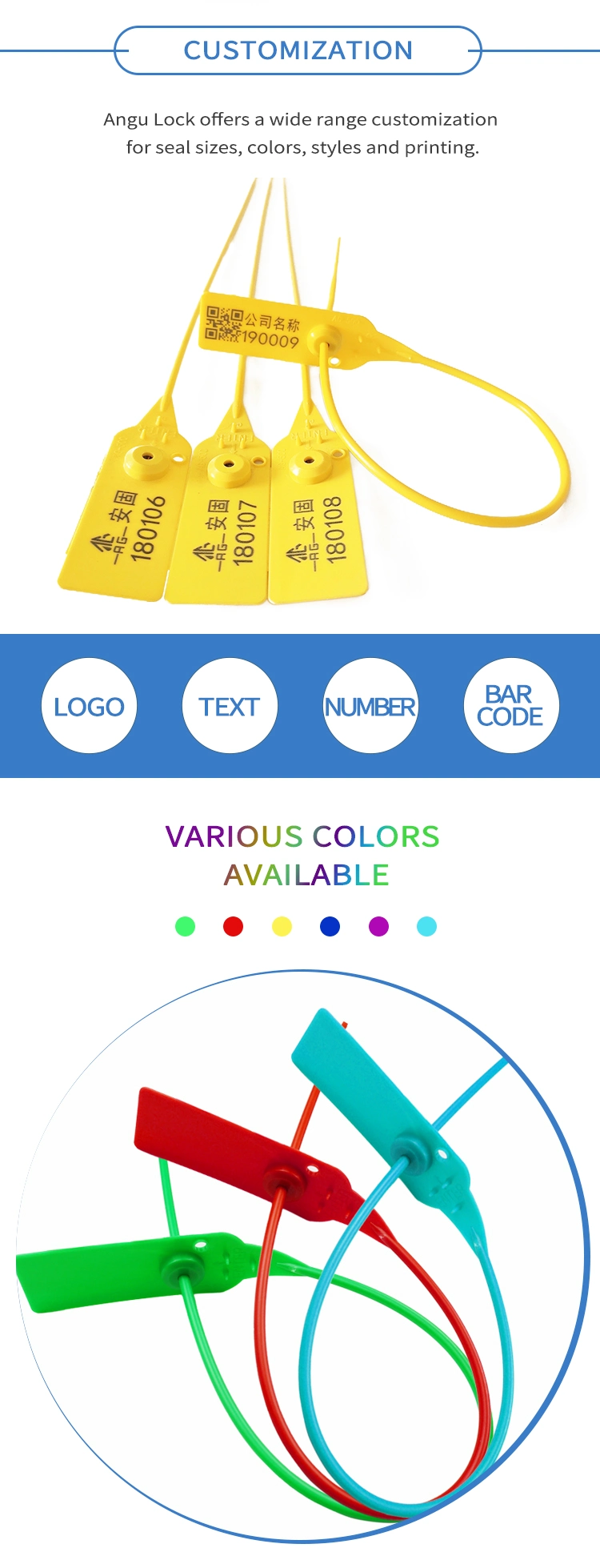 500mm/19.7" Barcode Printed Seal Pull Tight Security Plastic Seals with Metal Locking